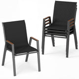 Two black chairs with wooden armrests on a white background