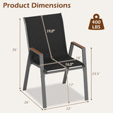 Product dimensions diagram of a black outdoor dining chair with brown armrests, showing measurements for height, width, and depth, plus a weight icon indicating 400 LBS.