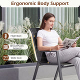 Woman sitting on a chair with ergonomic features highlighted, reading a newspaper outdoors.