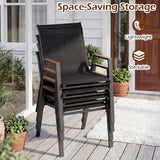 Stack of black chairs on a wooden deck with 'Space-Saving Storage' text and icons.