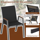 Black chair with text highlighting features on a blurred outdoor background