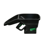 Black and green fertilizer seed spreader on a white background