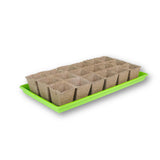 Seed starting tray with biodegradable CowPots® #3 6-cell on a green tray against a white background