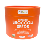 An orange cylindrical plastic container of Zestigreens Heirloom Broccoli Seeds, featuring white text and USDA Organic certification seal on a white background.