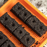 Seed starting blocks on an orange tray with a textured surface. 1020 Mesh Trays Shallow Extra Strength Colors -  1" Deep