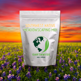 Bag of Southwest Native Meadowscaping Mix with Earthwise Seed Company logo against a sunset and field background