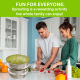 Man and woman preparing vegetables in a kitchen with text about sprouting being a family activity.