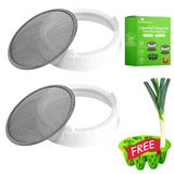Two white and gray circular mesh strainers shown with a green product box, plus a green free gift basket with a leek on a white background.