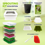 Sprouting kit with components and features on a green background