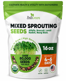 Package of ZestiGreens mixed sprouting seeds on a white background