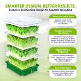 ZestiGreens sprouting trays with text highlighting features on a light green background