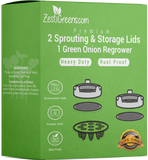 Green product packaging box for ZestiGreens.com Premium 2 Sprouting & Storage Lids and 1 Green Onion Regrower, showing product diagrams and feature icons on a solid green background.