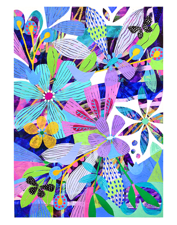Colorful abstract floral design with various shapes and patterns on a white background IRIS PRINT