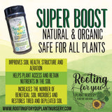 Advertisement for 'Super Boost' natural and organic plant growth supplement with product image and branding details.