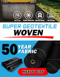 Super geotextile woven fabric with features and durability claims on a blue and white background.