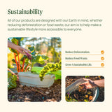 Sustainability page with images of gardening and text about reducing deforestation and food waste.