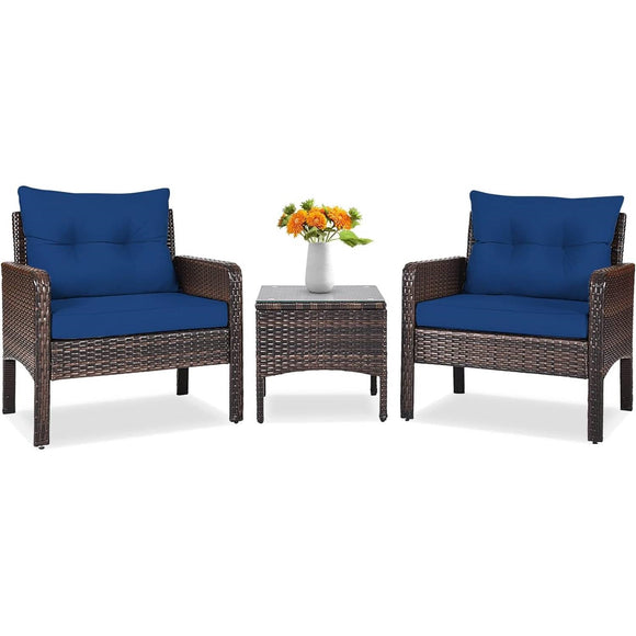 3-Piece Brown PE Rattan Outdoor Dining Patio Furniture Set with Blue Cushions - FREE SHIPPING