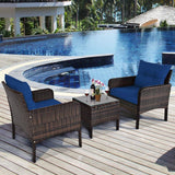 3-Piece Brown PE Rattan Outdoor Dining Patio Furniture Set with Blue Cushions - FREE SHIPPING