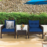 3-Piece Brown PE Rattan Outdoor Dining Patio Furniture Set with Blue Cushions - FREE SHIPPING