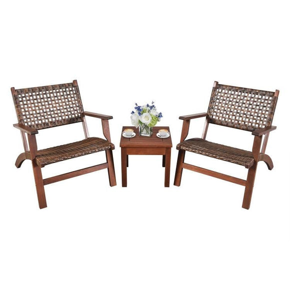 3 Piece Wooden Rattan Outdoor Patio Furniture Chair Table Bistro Set - FREE SHIPPING