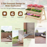 Three-tiered wooden planter with plants on a light green background, showing versatility in different outdoor settings.