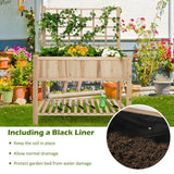 Wooden garden bed with plants and a black liner inset, set against a garden background.