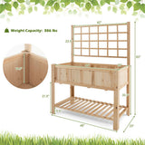 Wooden planter box with dimensions and weight capacity on a white background with greenery at the top and bottom.