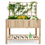 Wooden raised garden bed with plants, trellis, and gardening tools on a white background