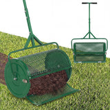 24 Inch Compost Spreader Peat Moss Spreader Roller with Height-Adjustable T-Shaped Handle-Black on grass
