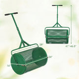 24 Inch Compost Spreader Peat Moss Spreader Roller with Height-Adjustable T-Shaped Handle-Black with dimensions labeled on a light green background