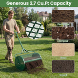 Person using a 24 Inch Compost Spreader Peat Moss Spreader Roller with Height-Adjustable T-Shaped Handle-Black with soil types displayed on a green background