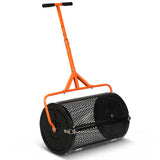 Orange 24 Inch Compost Spreader Peat Moss Spreader Roller with Height-Adjustable T-Shaped Handle-Black with black mesh wheel on a white background