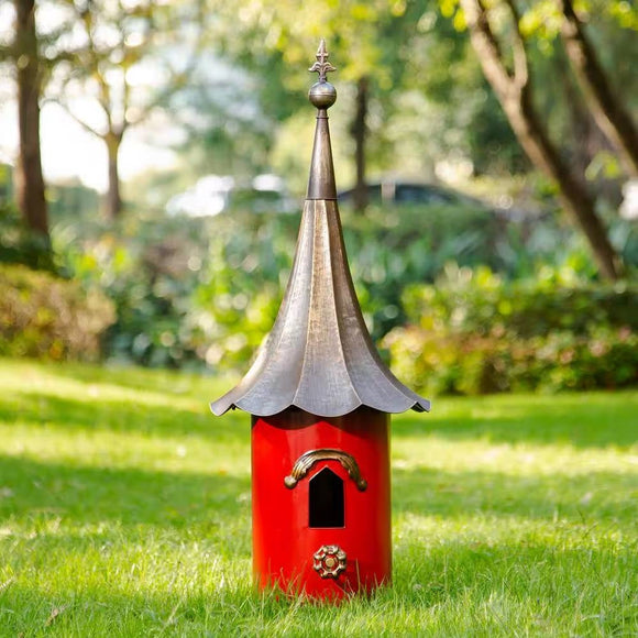Red Metal Birdhouse with Copper Bronze Finish Gramophone Roof - FREE SHIPPING