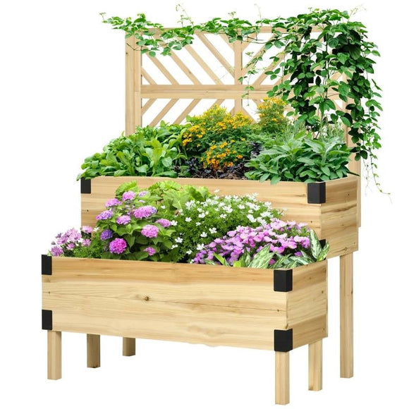 2 Tier Self Draining Natural Wood Raised Garden Bed Planter Box with Trellis - FREE SHIPPING