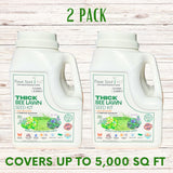 Two bottles of Thick Bee Lawn Seed Kit on a wooden surface with text indicating coverage and pack size.