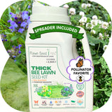 Flawn Seed Kits Thick Bee Lawn Seed Kit with spreader included, surrounded by greenery.