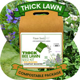 Flawn Seed Kits Thick Bee Lawn Seed Kit packaging with a green and brown design, set against a background of grass and flowers.