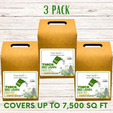 Three boxes of Thick Bee Lawn Seed Kit on a wooden surface with text indicating coverage and pack size.