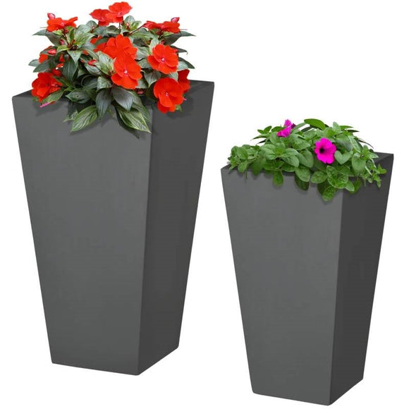 Set of 2 Modern Lightweight Outdoor Flower Pot Planters in Grey 22-in and 18-in - FREE SHIPPING