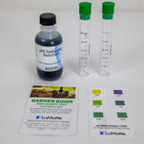 LaMotte pH indicator solution bottle with test tubes and soil acidity test guide on a white background