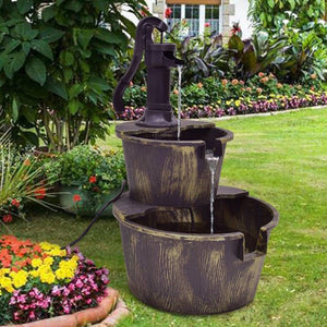 Outdoor 2-Tier Rustic Barrel Water Fountain with Submersible Pump - FREE SHIPPING