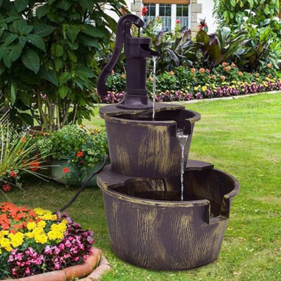 Outdoor 2-Tier Rustic Barrel Water Fountain with Submersible Pump - FREE SHIPPING