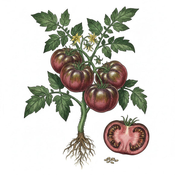 Illustration of a tomato plant with ripe and sliced tomatoes on a white background TOMATO Seeds, Cherokee Purple