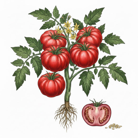 Illustration of a tomato plant with red tomatoes and a cut tomato showing seeds. TOMATO Seeds, German Johnson