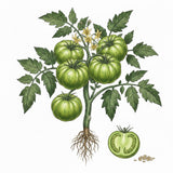 Illustration of a green tomato plant with fruits and roots on a white background TOMATO Seeds, Green Zebra