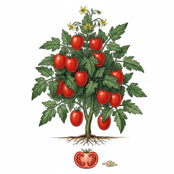Illustration of a plant with red tomatoes on a white background TOMATO Seeds, Roma 