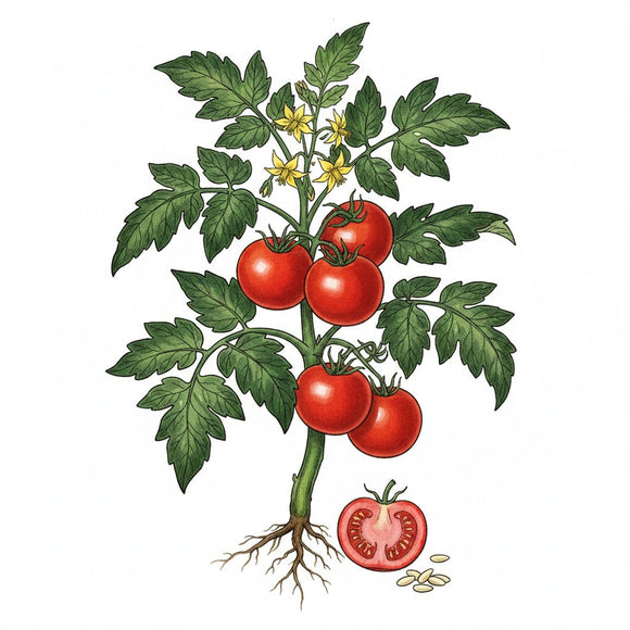 Illustration of a tomato plant with red tomatoes, green leaves, and yellow flowers on a white background. TOMATO Seeds, Rutgers
