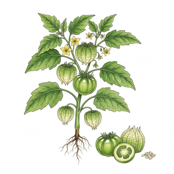 Illustration of a green tomato plant with fruits and flowers on a white background TOMATO Seeds, Tomatillo Verde