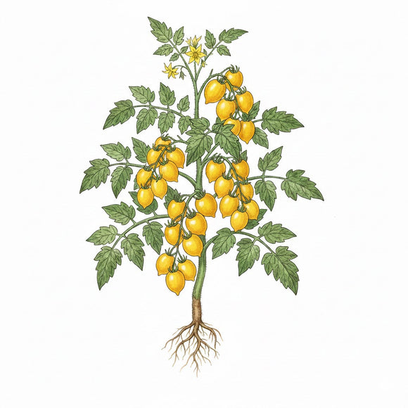 Illustration of a tomato plant with yellow tomatoes on a white background TOMATO Seeds, Yellow Plum