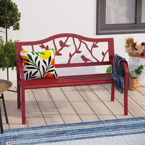 Red Steel Frame Outdoor Patio Garden Bench with Bird Branch Pattern Backrest - FREE SHIPPING